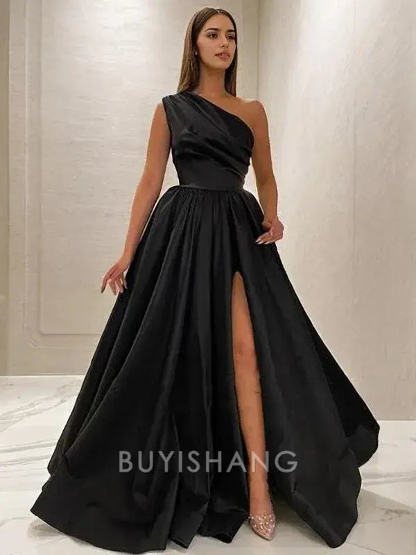 Buyishang Simple A-Line/Princess One-Shoulder Sweep Train Satin Prom Dresses With Leg Slit formal wear dresses