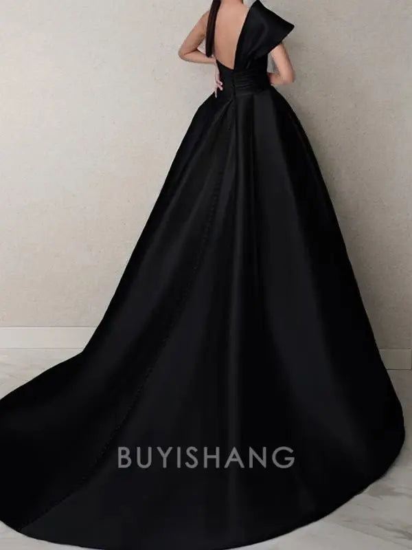 Buyishang Simple A-Line/Princess One-Shoulder Sweep Train Satin Prom Dresses With Ruffles formal wear dresses