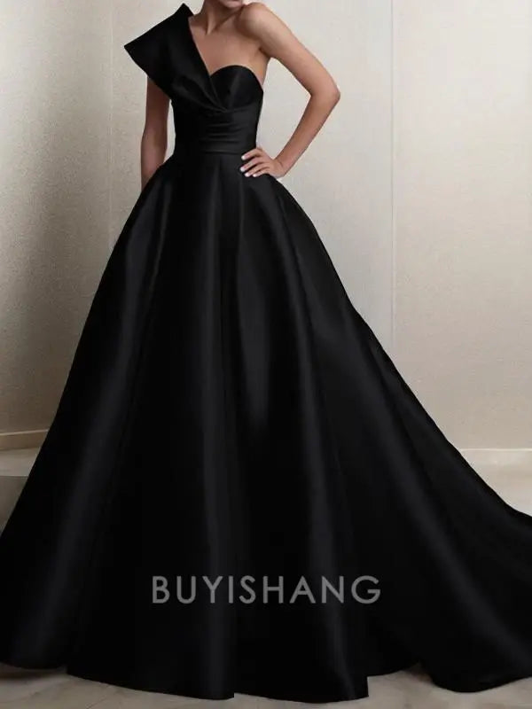 Buyishang Simple A-Line/Princess One-Shoulder Sweep Train Satin Prom Dresses With Ruffles formal wear dresses