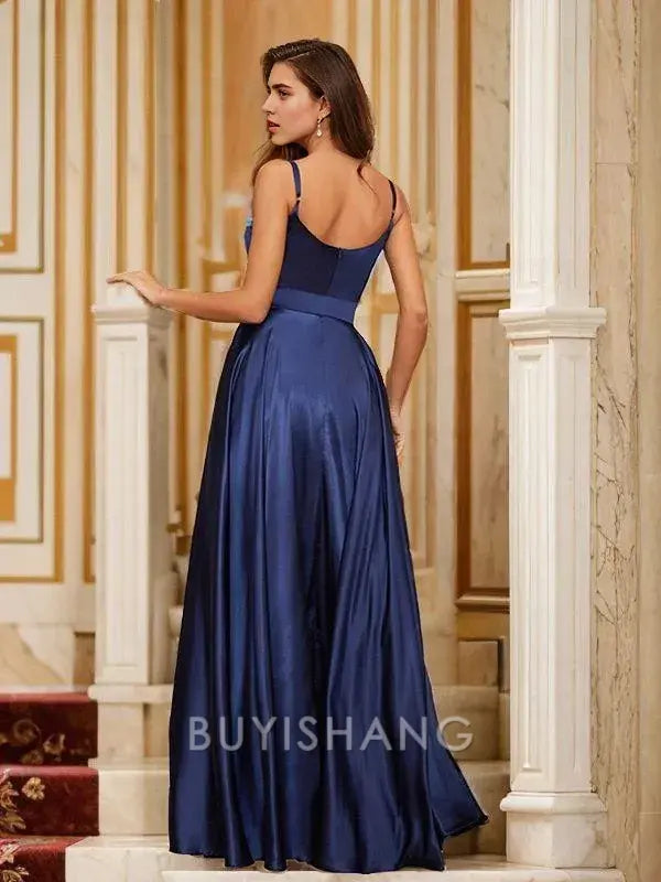 Buyishang Simple A-Line/Princess Satin Ruffles V-neck Sleeveless Floor-Length Dresses