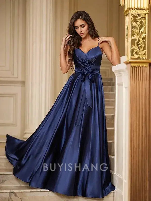 Buyishang Simple A-Line/Princess Satin Ruffles V-neck Sleeveless Floor-Length Dresses