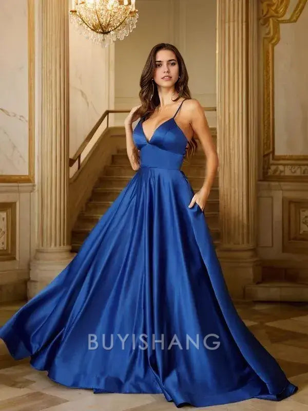 Buyishang Simple A-Line/Princess Satin Ruffles V-neck Sleeveless Sweep Train Dresses