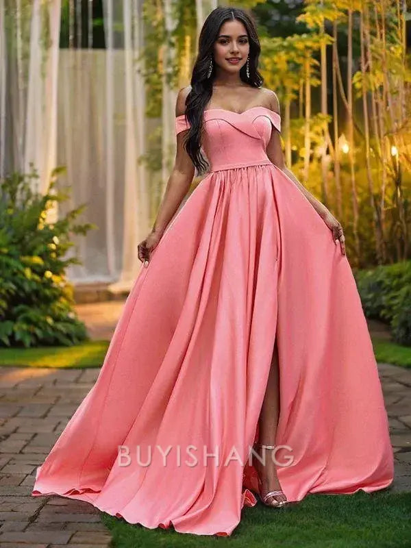 Buyishang Simple A-Line/Princess Satin Sleeveless Ruffles Off-the-Shoulder Court Train Dresses