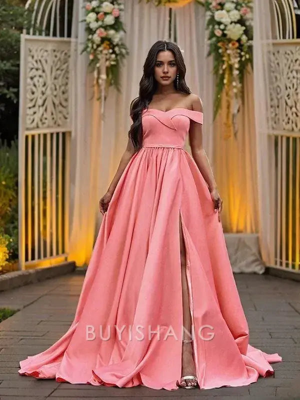 Buyishang Simple A-Line/Princess Satin Sleeveless Ruffles Off-the-Shoulder Court Train Dresses