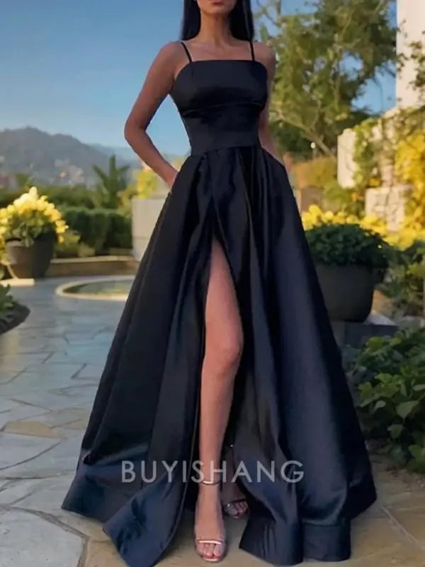 Buyishang Simple A-Line/Princess Spaghetti Straps Floor-Length Satin Prom Dresses With Leg Slit formal wear dresses