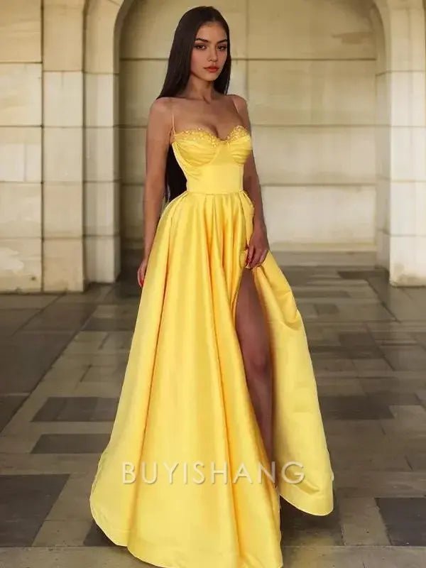Buyishang Simple A-Line/Princess Spaghetti Straps Floor-Length Satin Prom Dresses With Leg Slit formal wear dresses