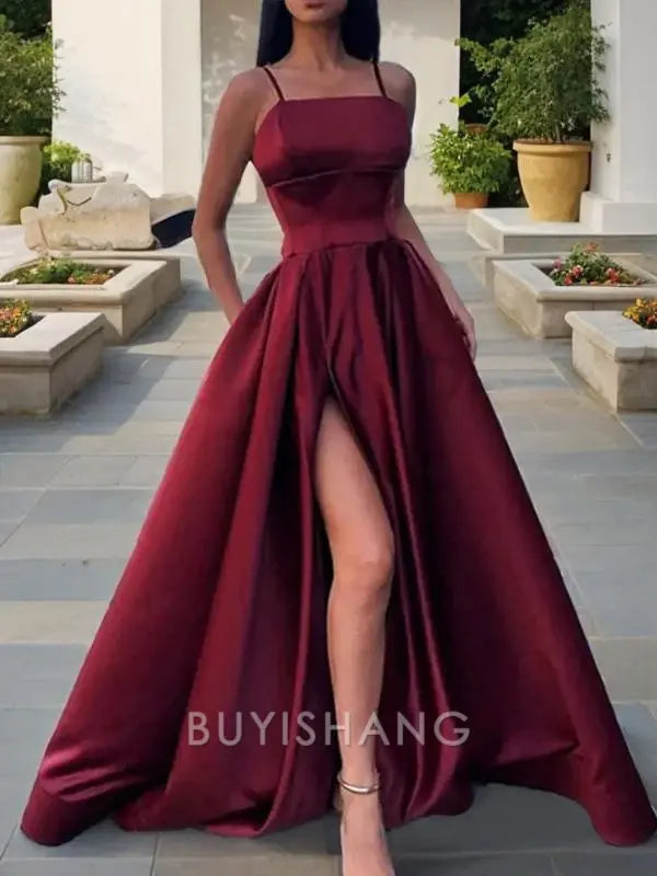 Buyishang Simple A-Line/Princess Spaghetti Straps Floor-Length Satin Prom Dresses With Leg Slit formal wear dresses