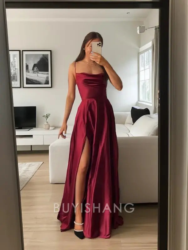 Buyishang Simple A-Line/Princess Spaghetti Straps Floor-Length Silk like Satin Prom Dresses With Leg Slit formal wear dresses