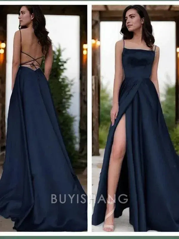 Buyishang Simple A-Line/Princess Spaghetti Straps Sweep Train Satin Prom Dresses With Leg Slit formal wear dresses