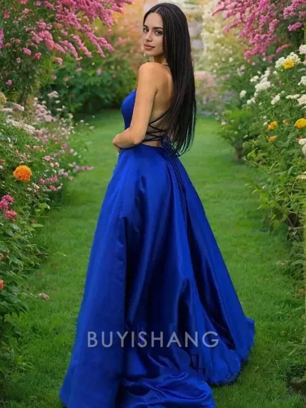 Buyishang Simple A-Line/Princess Spaghetti Straps Sweep Train Satin Prom Dresses formal wear dresses