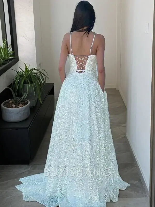 Buyishang Simple A-Line/Princess Spaghetti Straps Sweep Train Sequins Prom Dresses With Pockets formal wear dresses