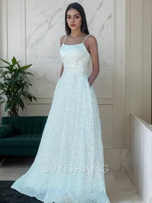 Buyishang Simple A-Line/Princess Spaghetti Straps Sweep Train Sequins Prom Dresses With Pockets formal wear dresses