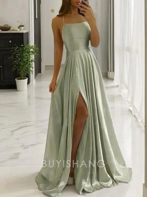 Buyishang Simple A-Line/Princess Spaghetti Straps Sweep Train Silk like Satin Prom Dresses With Leg Slit