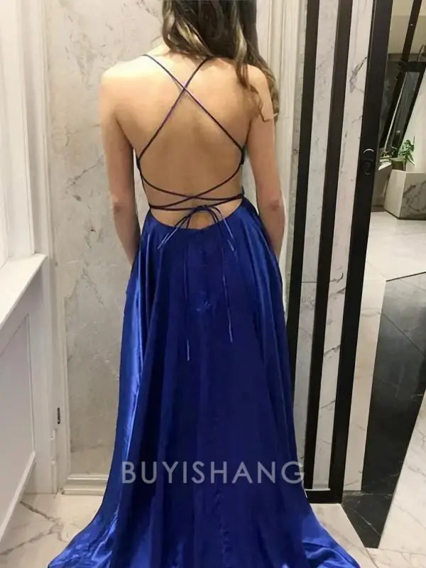 Buyishang Simple A-Line/Princess Spaghetti Straps Sweep Train Silk like Satin Prom Dresses With Leg Slit formal wear dresses
