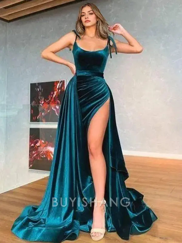Buyishang Simple A-Line/Princess Spaghetti Straps Sweep Train Velvet Prom Dresses With Leg Slit formal wear dresses