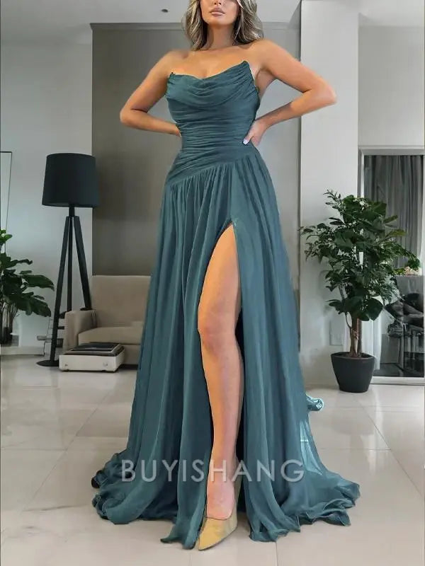 Buyishang Simple A-Line/Princess Strapless Sweep Train 30D Chiffon Prom Dresses With Leg Slit formal wear dresses