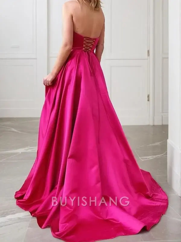 Buyishang Simple A-Line/Princess Strapless Sweep Train Satin Prom Dresses With Leg Slit formal wear dresses