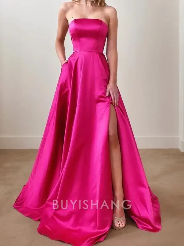 Buyishang Simple A-Line/Princess Strapless Sweep Train Satin Prom Dresses With Leg Slit formal wear dresses