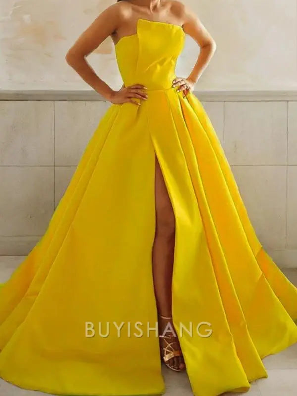 Buyishang Simple A-Line/Princess Strapless Sweep Train Satin Prom Dresses With Leg Slit formal wear dresses