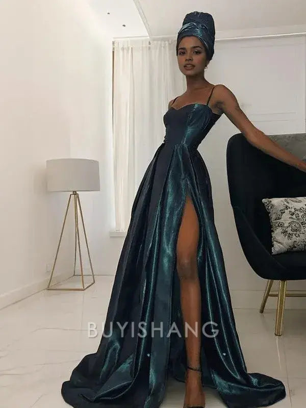Buyishang Simple A-Line/Princess Straps Sweep Train Silk like Satin Prom Dresses With Leg Slit formal wear dresses