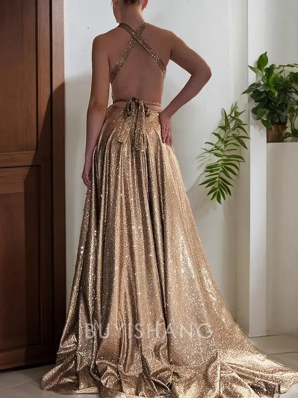 Buyishang Simple A-Line/Princess V-neck Sweep Train Prom Dresses With Leg Slit