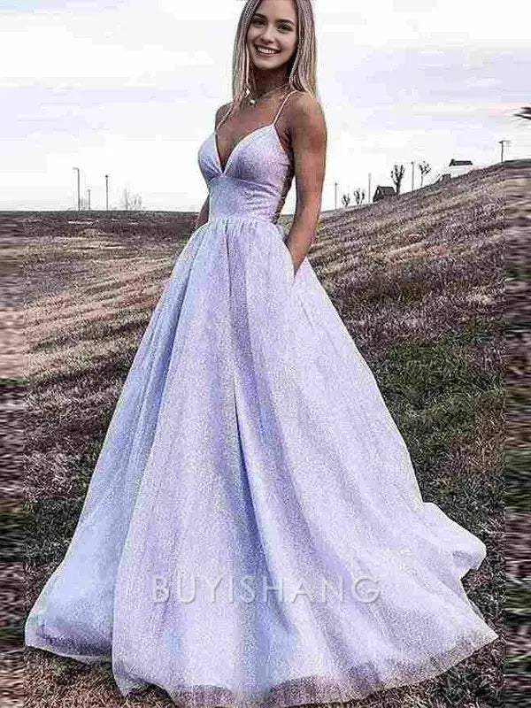 Buyishang Simple A-Line/Princess V-neck Sweep Train Prom Dresses With Pockets