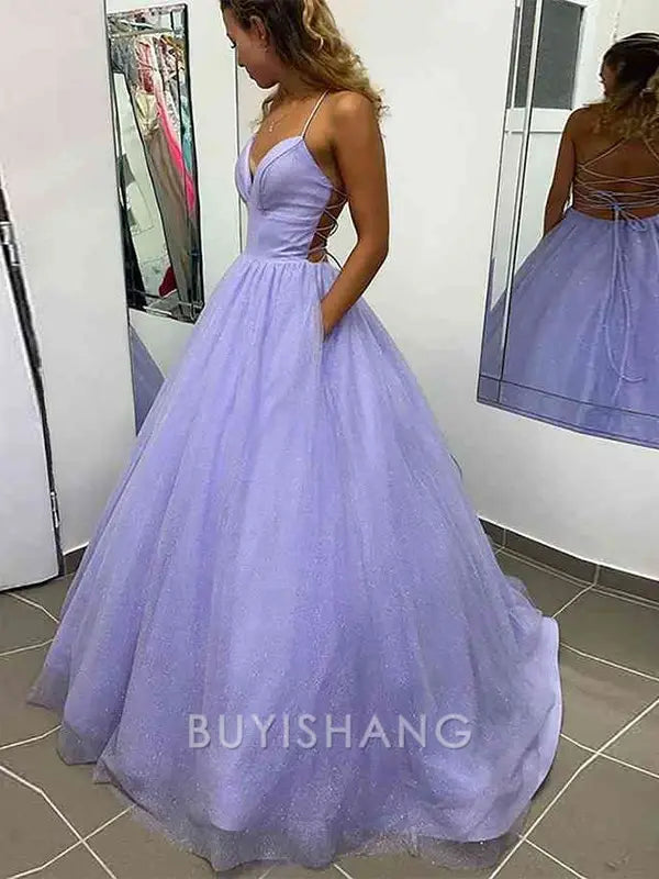 Buyishang Simple A-Line/Princess V-neck Sweep Train Prom Dresses With Pockets