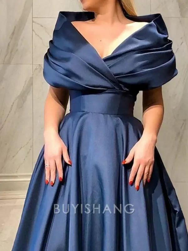 Buyishang Simple A-Line/Princess V-neck Sweep Train Satin Prom Dresses With Ruffles formal wear dresses