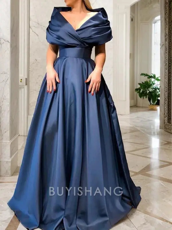 Buyishang Simple A-Line/Princess V-neck Sweep Train Satin Prom Dresses With Ruffles formal wear dresses