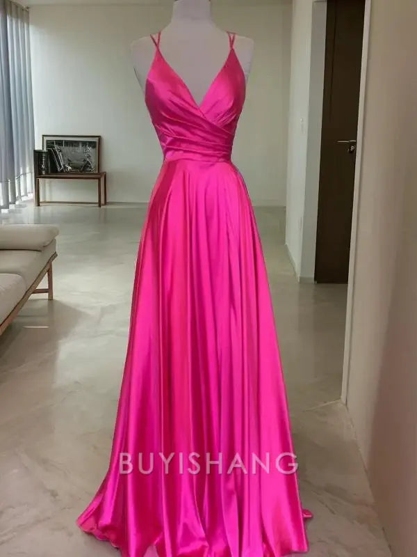 Buyishang Simple A-Line/Princess V-neck Sweep Train Silk Like Satin Prom Dresses formal wear dresses