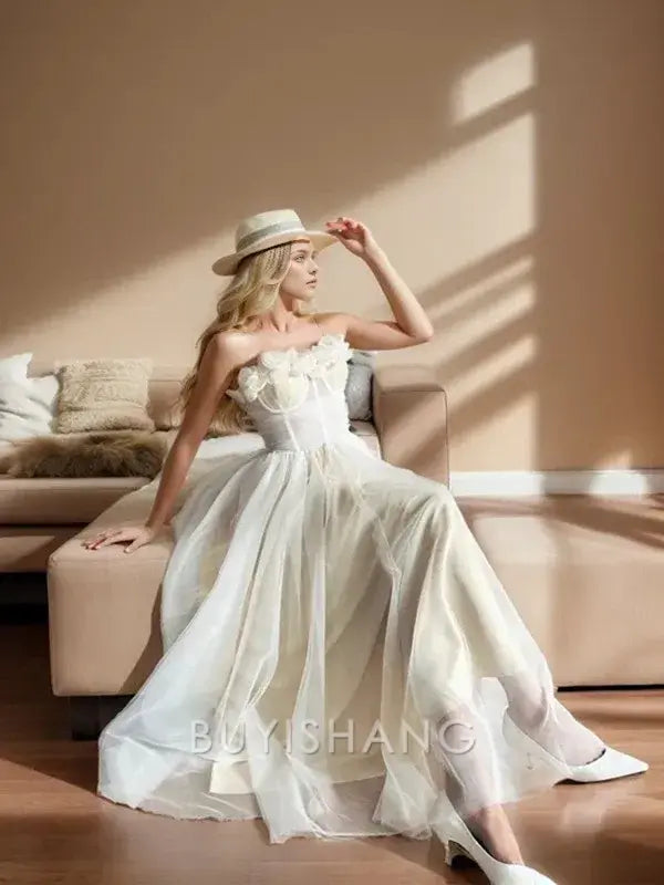 Buyishang Simple A-line Straight Flower Ankle-Length Tulle Corset Dress