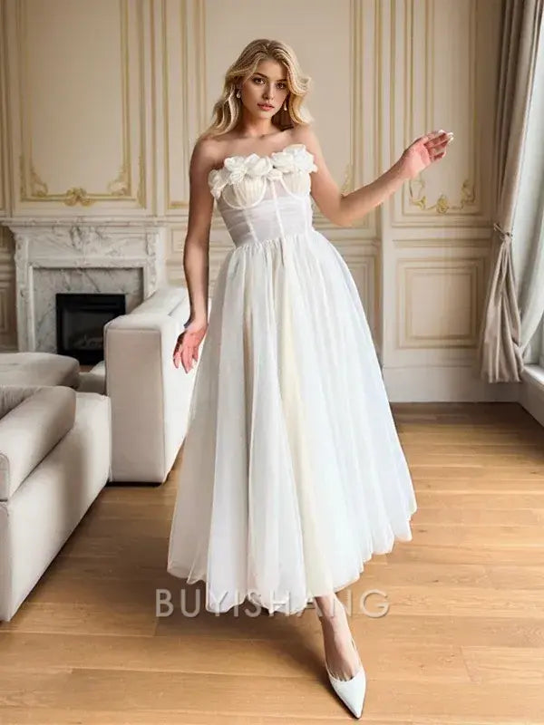 Buyishang Simple A-line Straight Flower Ankle-Length Tulle Corset Dress