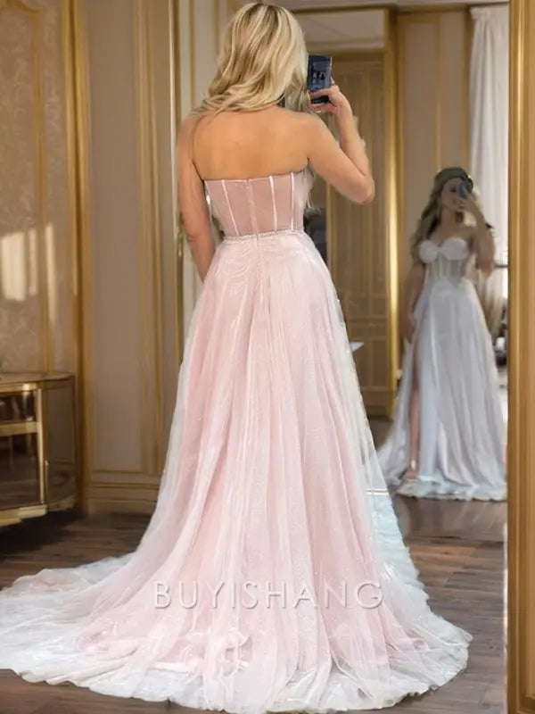 Buyishang Simple A-line Sweetheart Beading Sweep Train Tulle Corset Dress