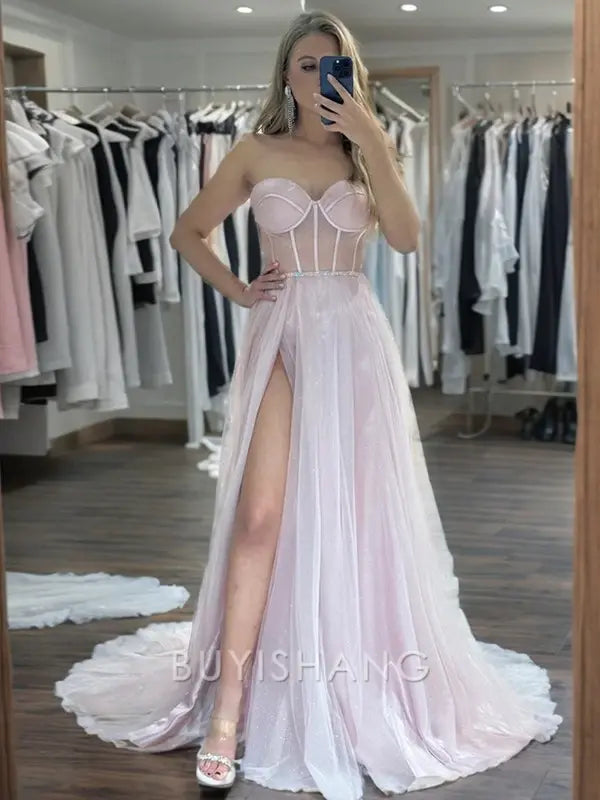 Buyishang Simple A-line Sweetheart Beading Sweep Train Tulle Corset Dress