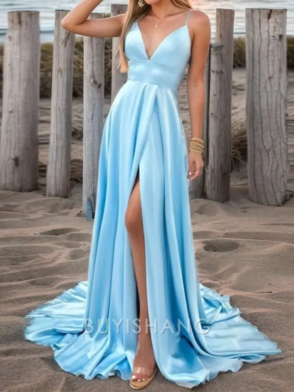 Buyishang Simple A-line V-neck Sweep Train Silk Like Satin Dress