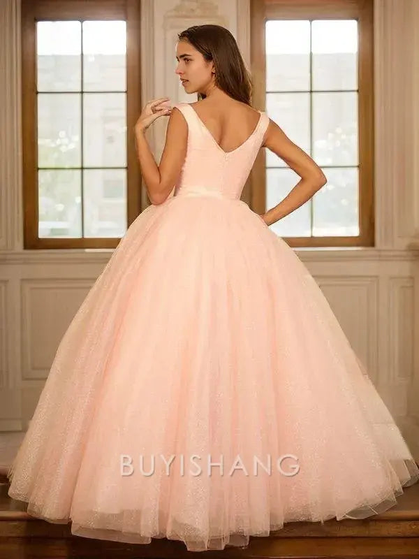 Buyishang Simple Ball-Gown Tulle Ruffles V-neck Sleeveless Floor-Length Dresses