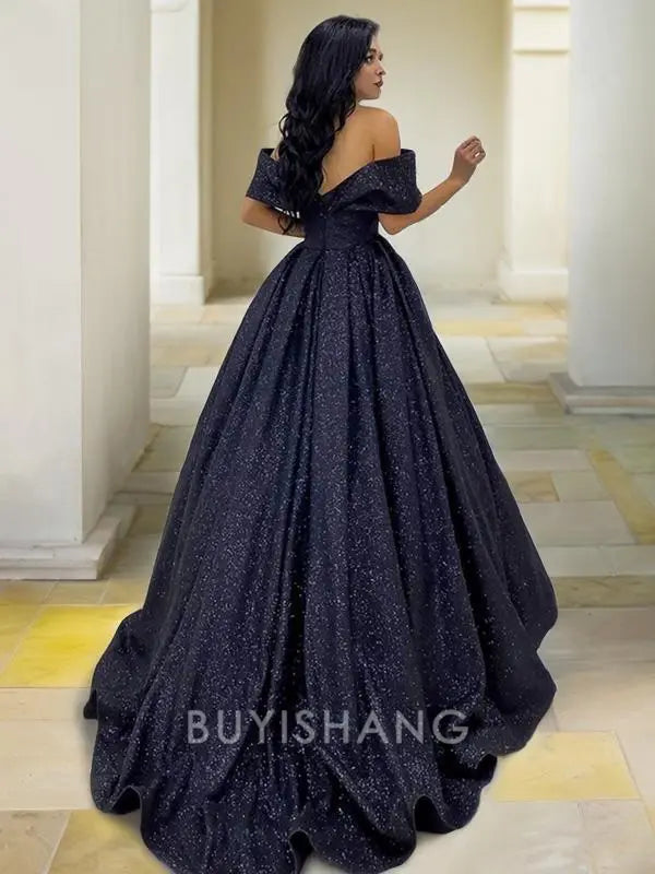 Buyishang Simple Ball Gown Off-the-Shoulder Sweep Train Prom Dresses With Ruffles formal wear dresses