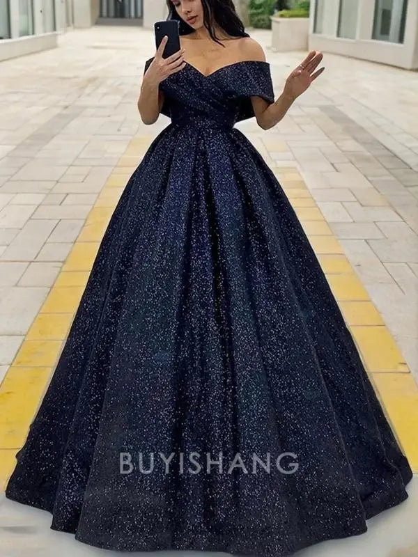 Buyishang Simple Ball Gown Off-the-Shoulder Sweep Train Prom Dresses With Ruffles formal wear dresses