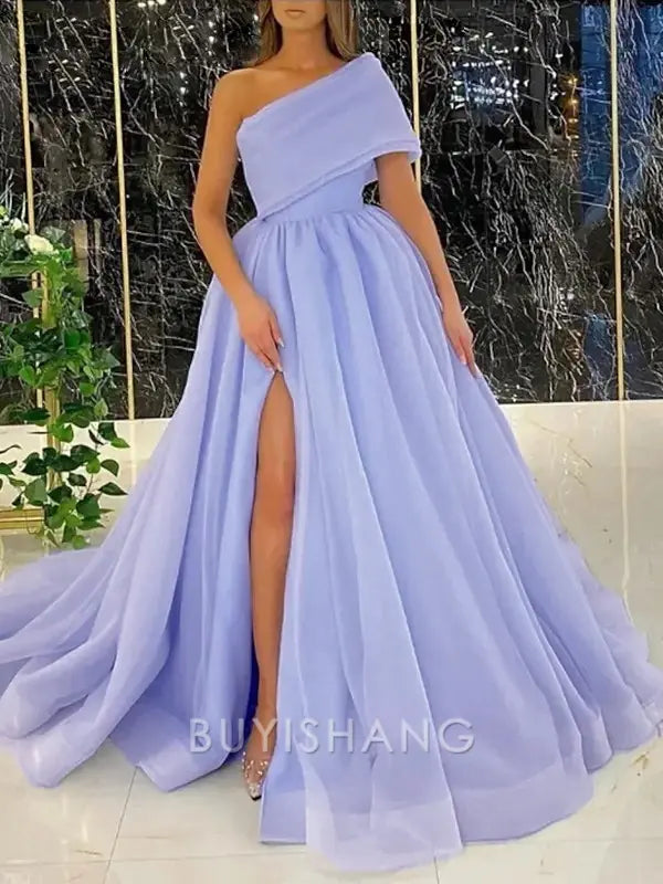 Buyishang Simple Ball Gown One-Shoulder Sweep Train Organza Prom Dresses With Leg Slit formal wear dresses