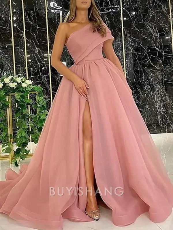 Buyishang Simple Ball Gown One-Shoulder Sweep Train Organza Prom Dresses With Leg Slit formal wear dresses