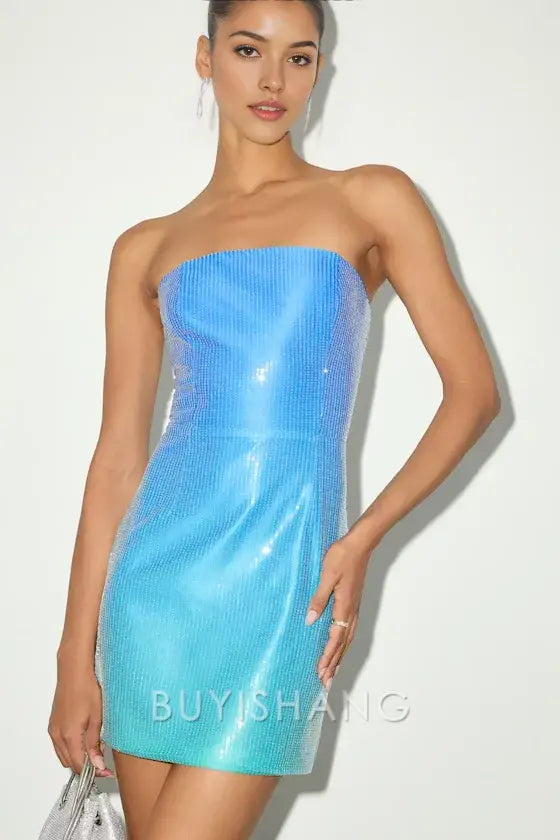Buyishang Simple Elegant Special occasion Blue Ombre Sequin Strapless Mini Dress Party wear