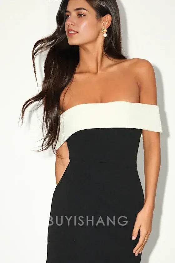 Buyishang Simple Elegant Special occasion Caelion Black and White Off-the-Shoulder Mini Dress Party wear