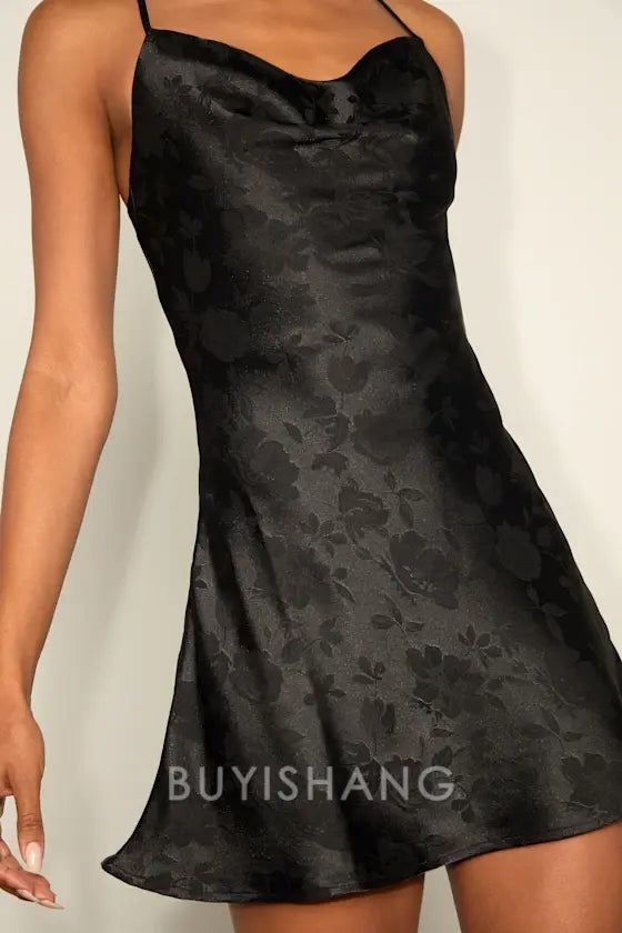Buyishang Simple Elegant Special occasion Close to Your Heart Black Satin Jacquard Cowl Slip Dress Party wear