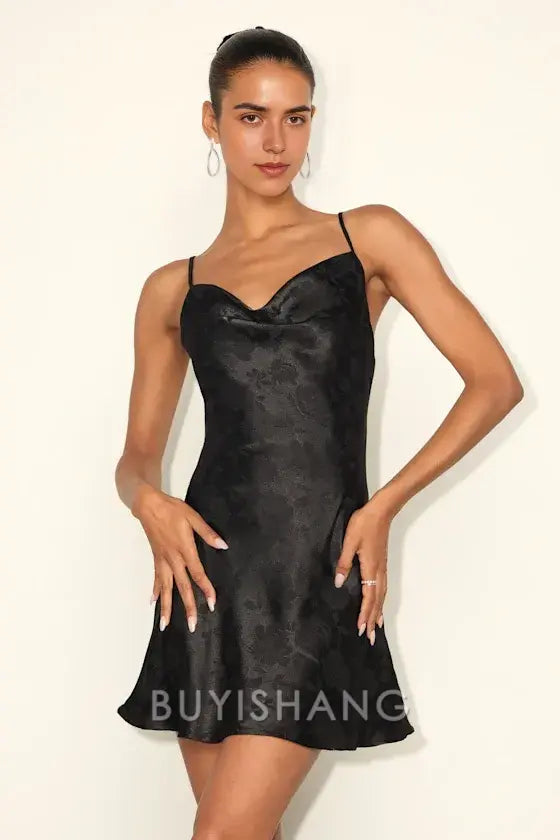 Buyishang Simple Elegant Special occasion Close to Your Heart Black Satin Jacquard Cowl Slip Dress Party wear