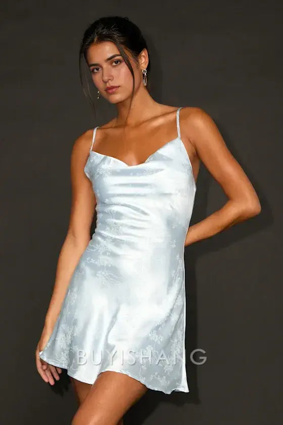 Buyishang Simple Elegant Special occasion Close to Your Heart Dusty Blue Satin Jacquard Cowl Slip Dress Party wear