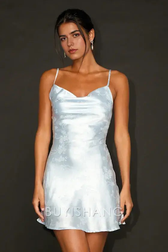 Buyishang Simple Elegant Special occasion Close to Your Heart Dusty Blue Satin Jacquard Cowl Slip Dress Party wear