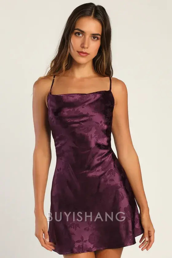 Buyishang Simple Elegant Special occasion Close to Your Heart Plum Purple Satin Jacquard Cowl Slip Dress Party wear