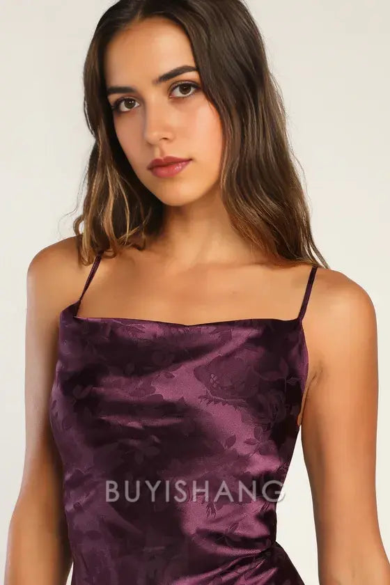 Buyishang Simple Elegant Special occasion Close to Your Heart Plum Purple Satin Jacquard Cowl Slip Dress Party wear
