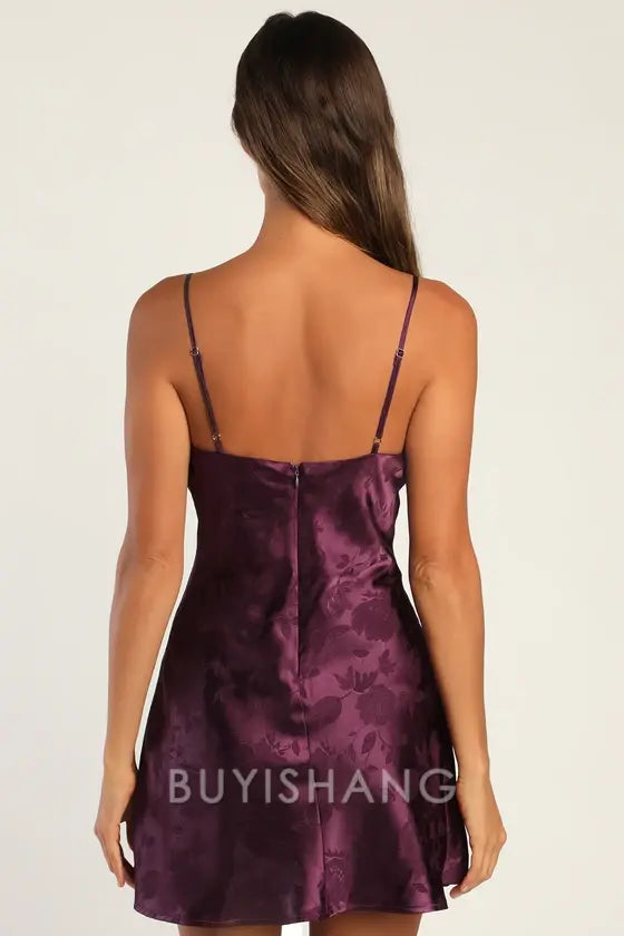 Buyishang Simple Elegant Special occasion Close to Your Heart Plum Purple Satin Jacquard Cowl Slip Dress Party wear