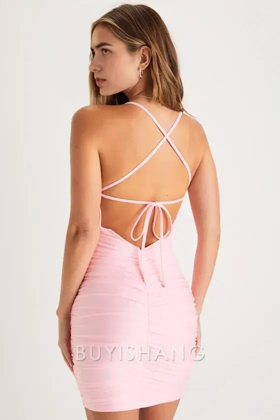 Buyishang Simple Elegant Special occasion Confident Allure Light Pink Ruched Lace-Up Bodycon Mini Dress Party wear